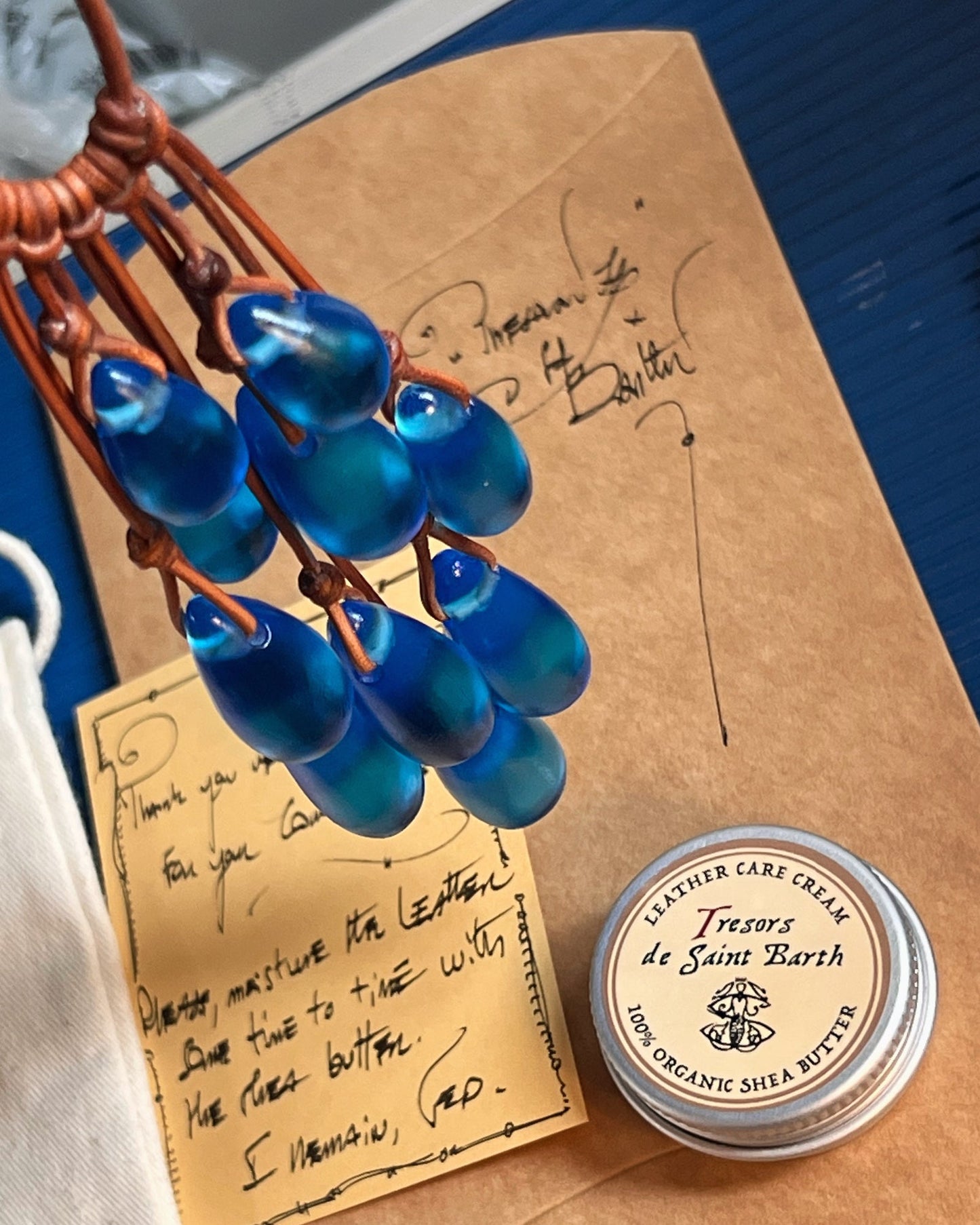 Victorian sea glass drops and leather care cream, Trésors de St Barth workshop