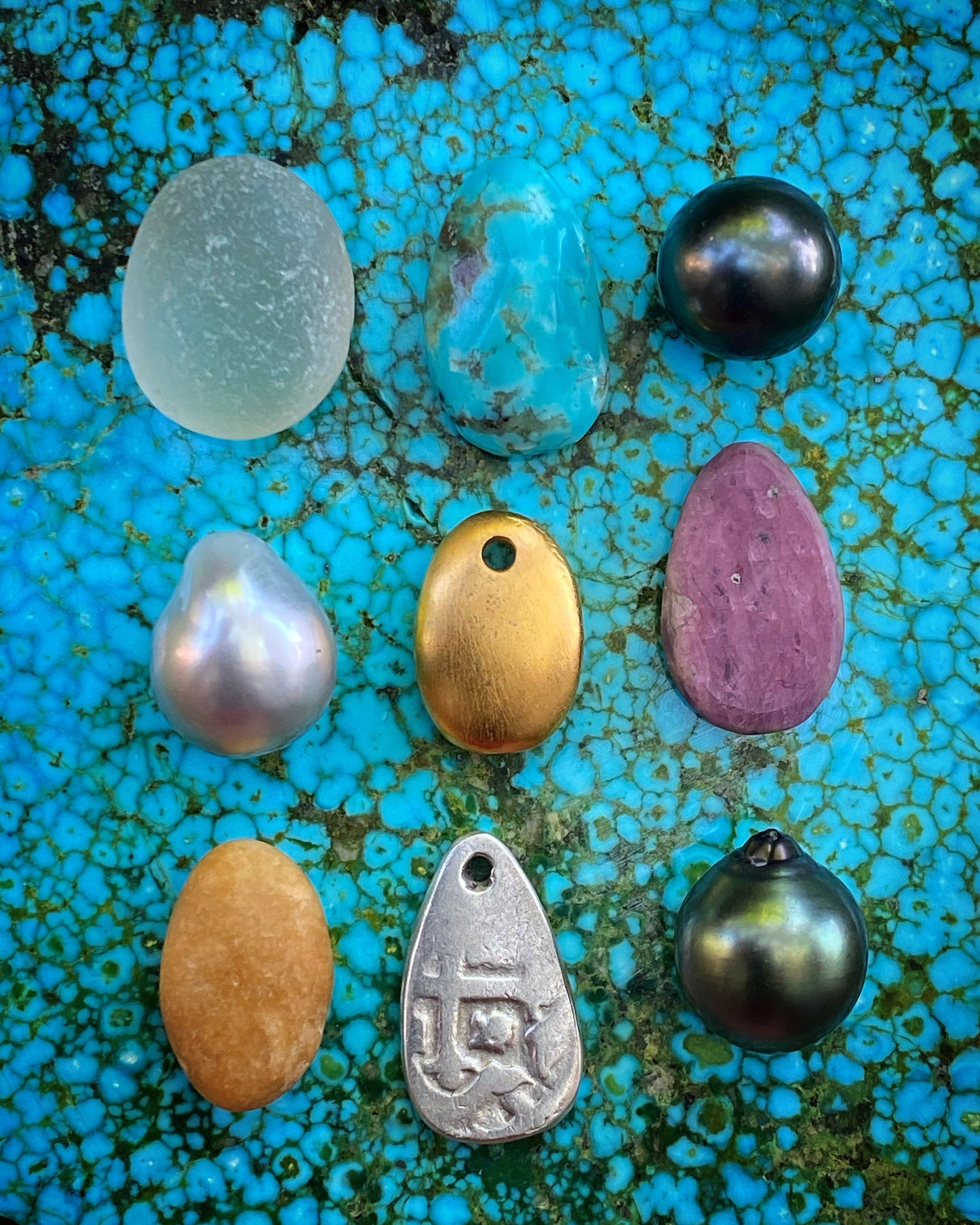 Loose sea glass, turquoise, Tahitian pearls and rare stones for one of a kind designs