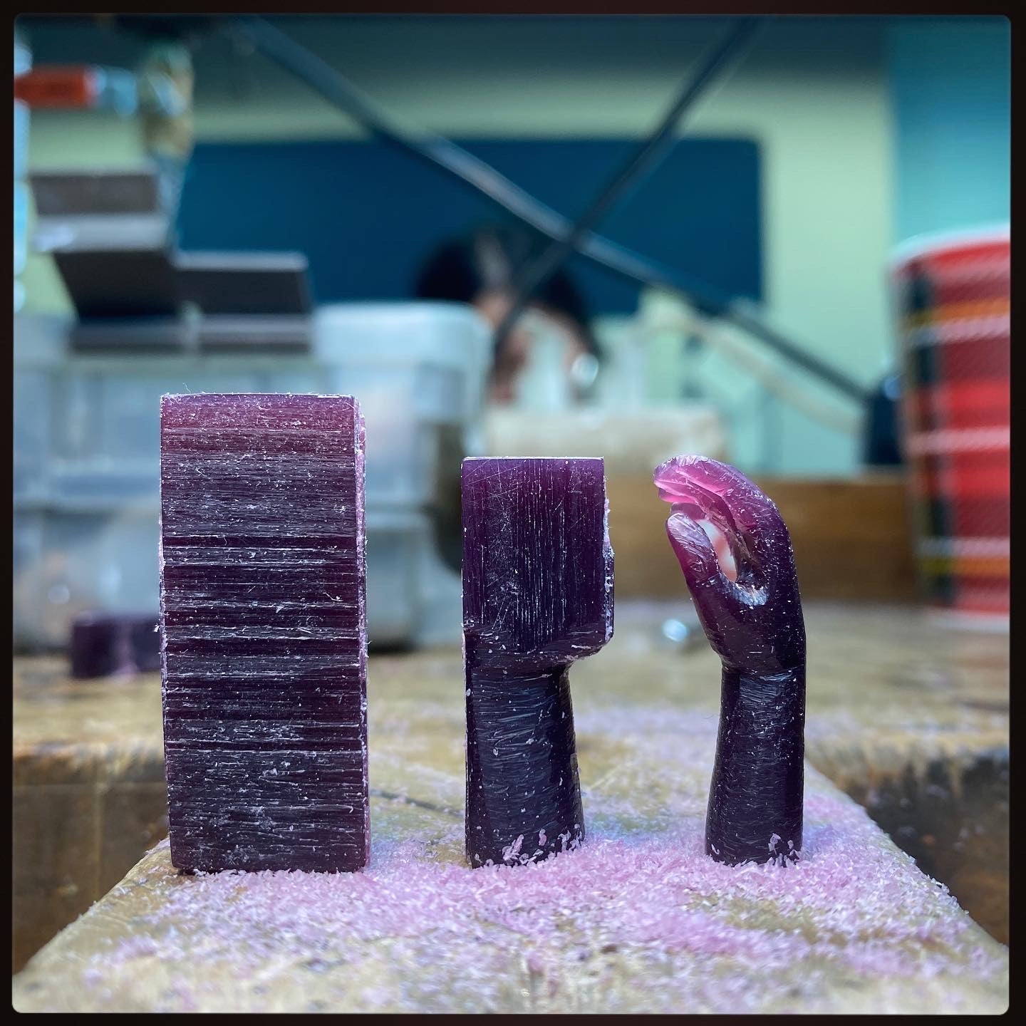 Purple wax models for lost wax casting process, jewelry workshop Montreal