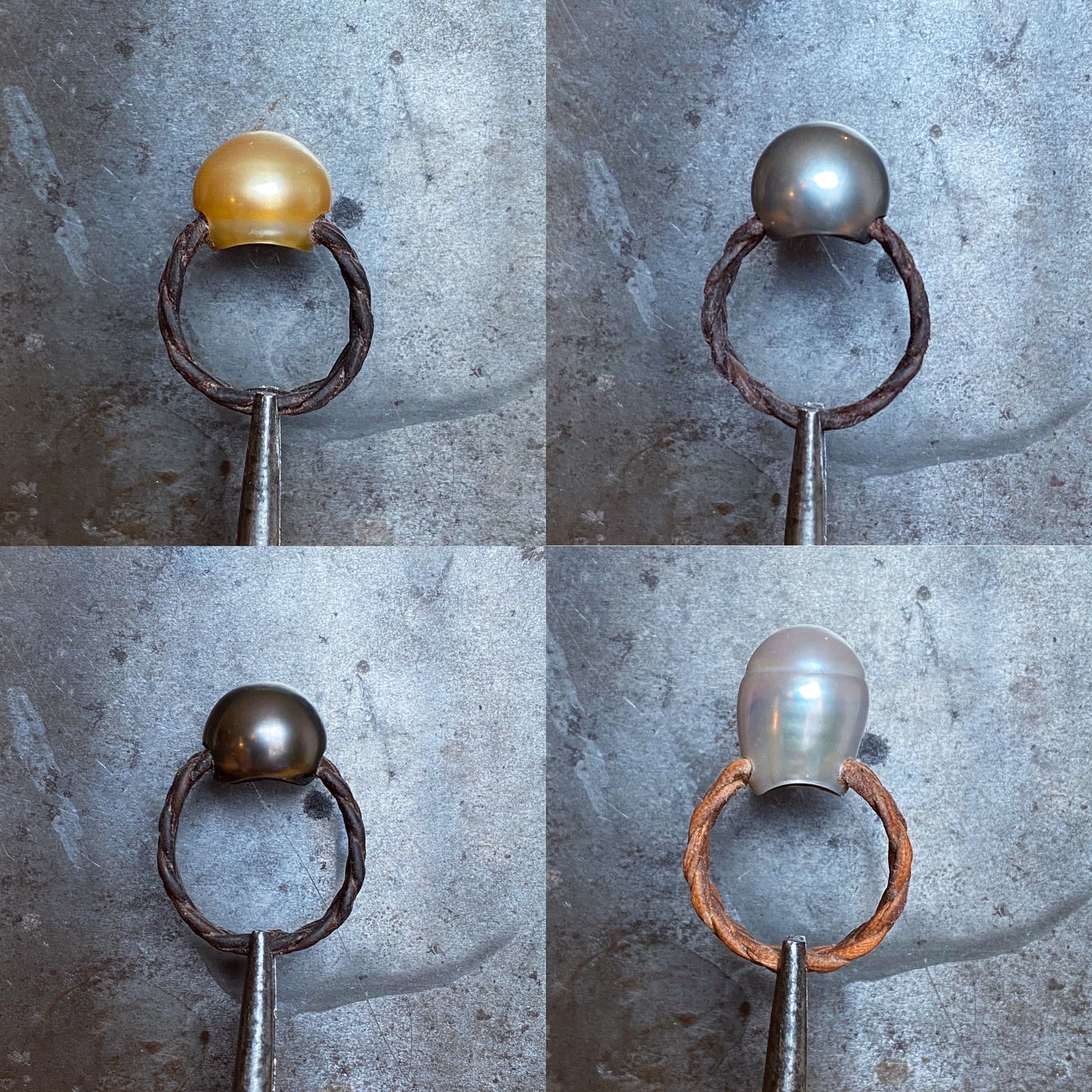 Four Tahitian pearls rings compared side by side, golden, peacock, black and white