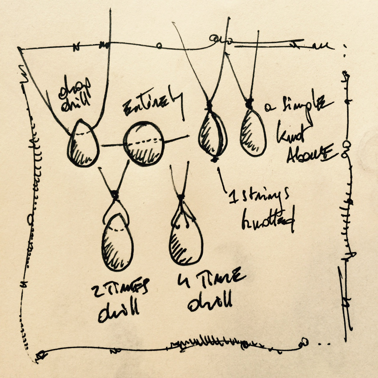 Handmade jewelry sketch — pendant and necklace designs on paper, Trésors de St Barth