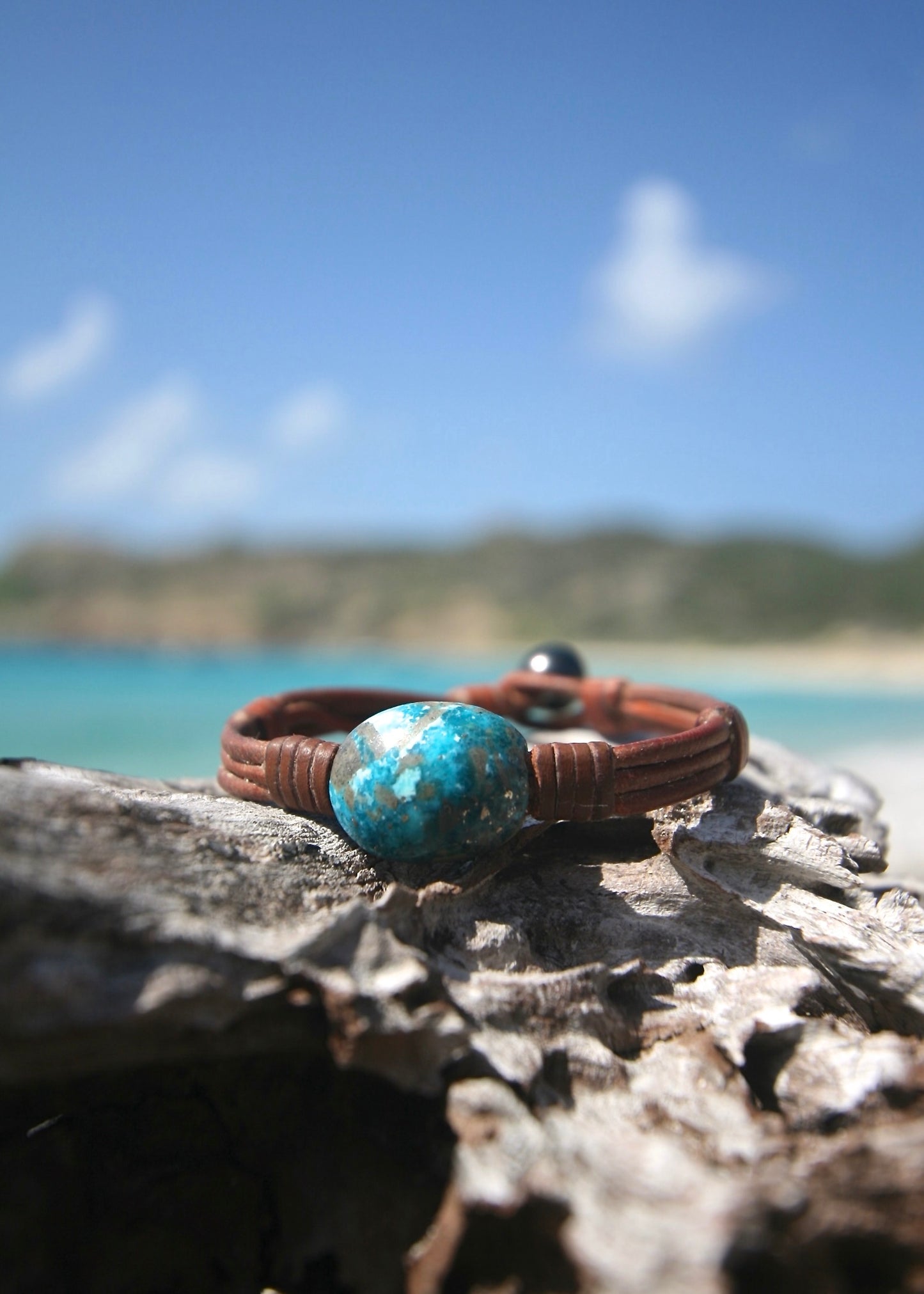 Genuine turquoise bracelet on kangaroo leather, St Barth driftwood beach