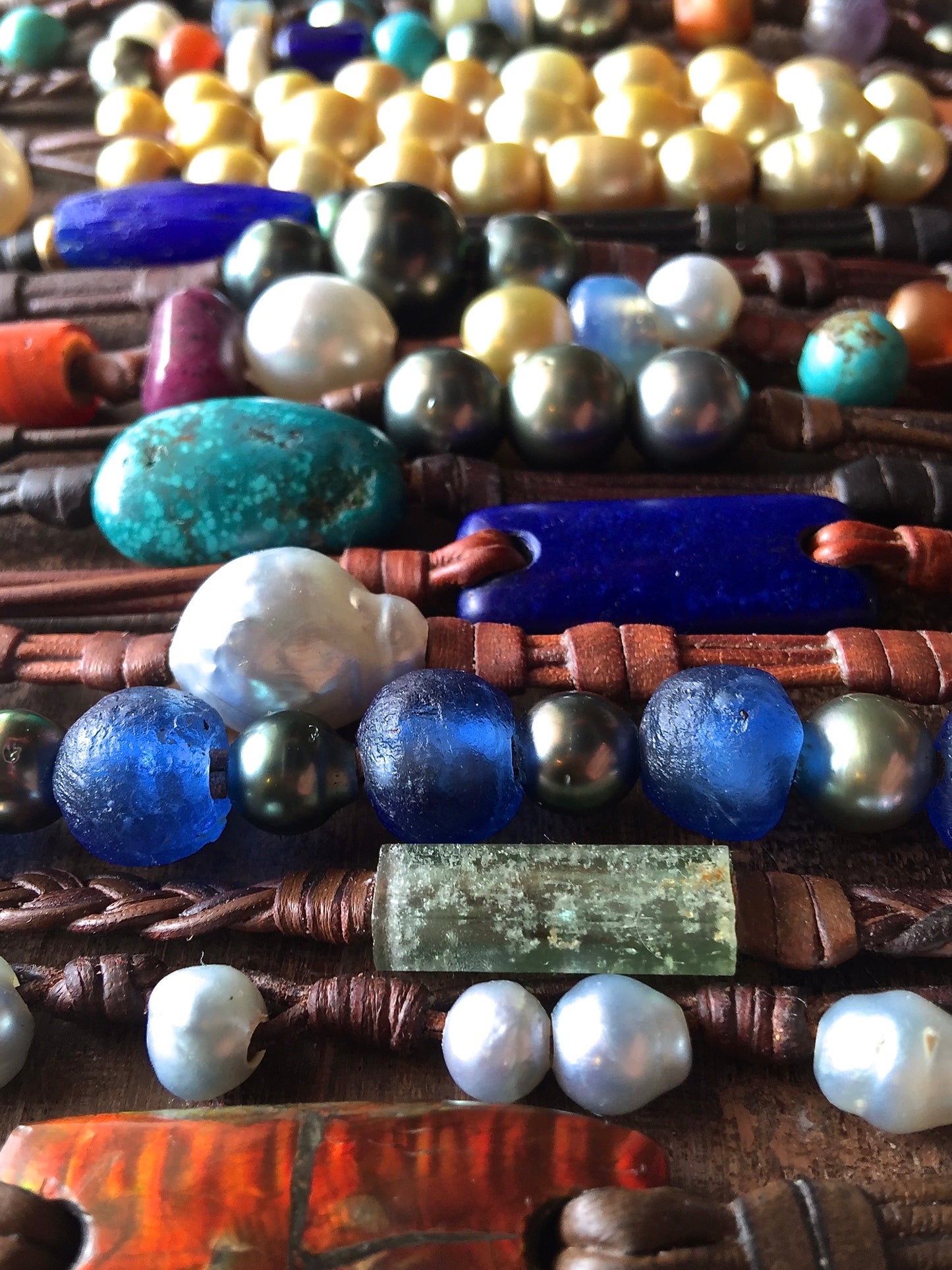 Pearls, turquoise, lapis lazuli, African trade beads and kangaroo leather bracelets