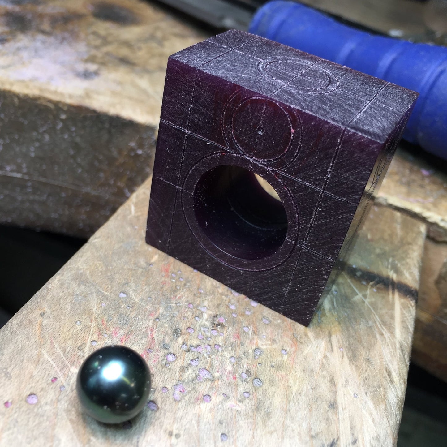 Wax mold block and Tahitian pearl, lost wax casting process workshop