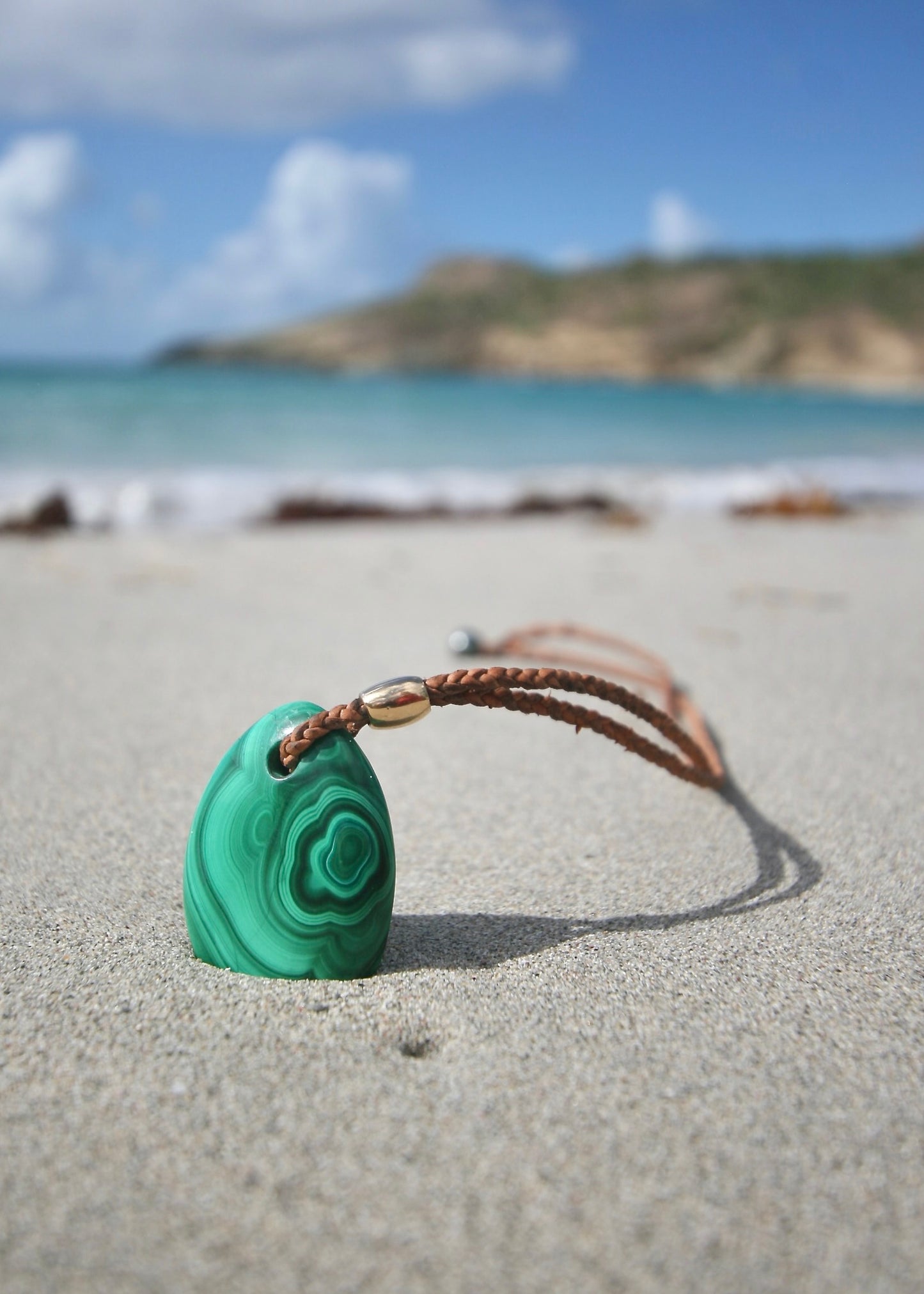 Congolese malachite and 18K gold pendant necklace on leather, St Barth beach
