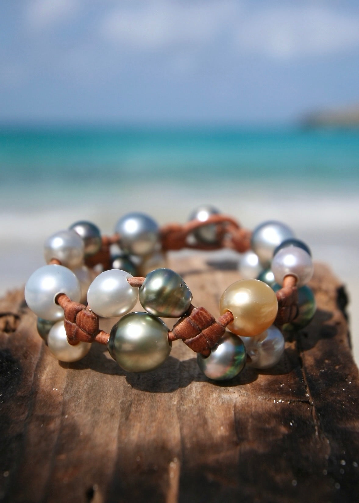Multicolor Tahitian and Australian pearl cluster bracelet on leather, St Barth