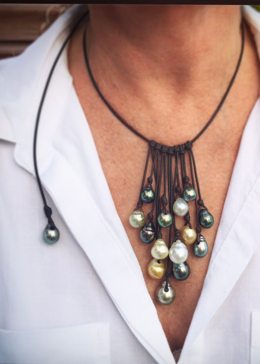 Tahitian and Australian pearl cascade necklace on leather worn on neck, St Barth