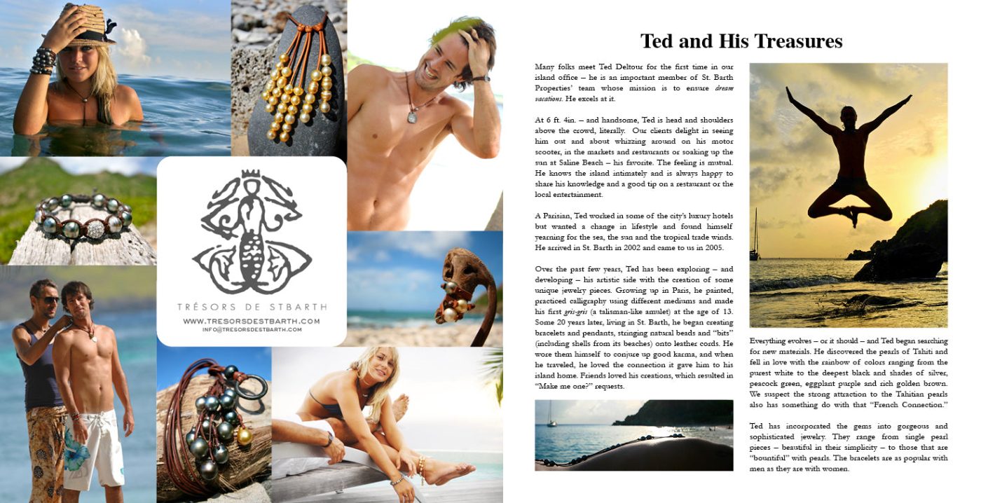 Ted Deltour press collage "Ted and His Treasures", Tresors de St Barth media feature