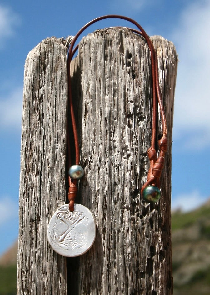 Pirate coin necklace with Tahitian pearl on leather cord, St Barth driftwood