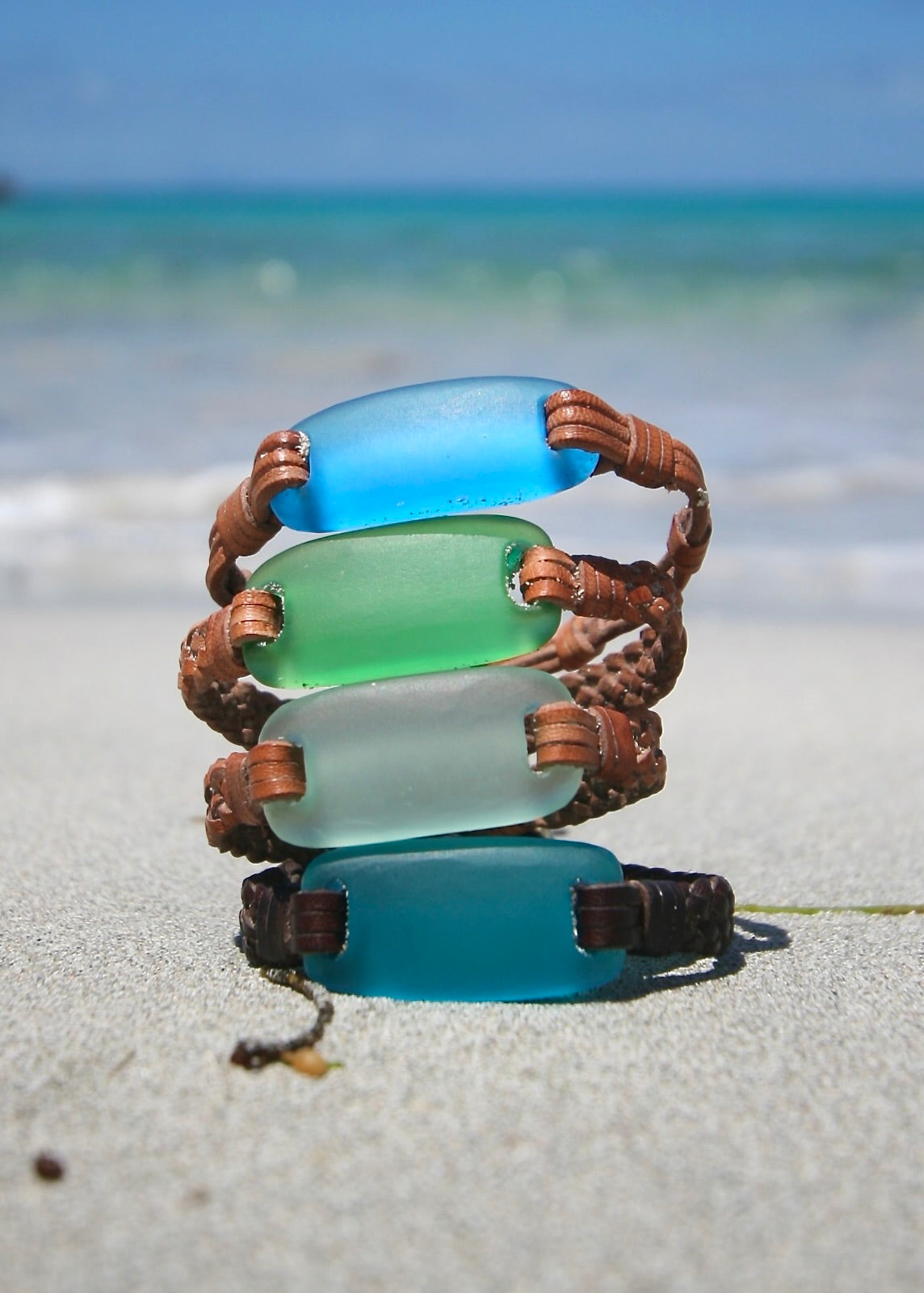 Crystal glass sea glass bracelet stack on leather, St Barth beach sand