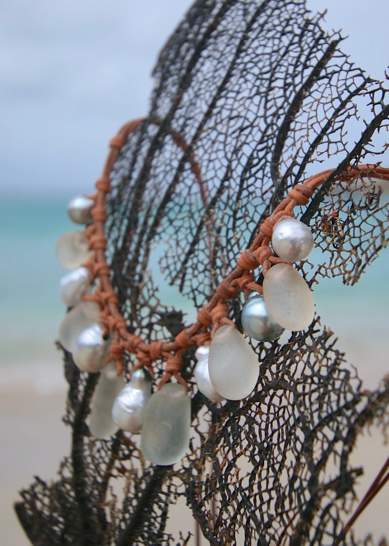 Victorian Seaham sea glass and cultured pearl necklace on leather, St Barth