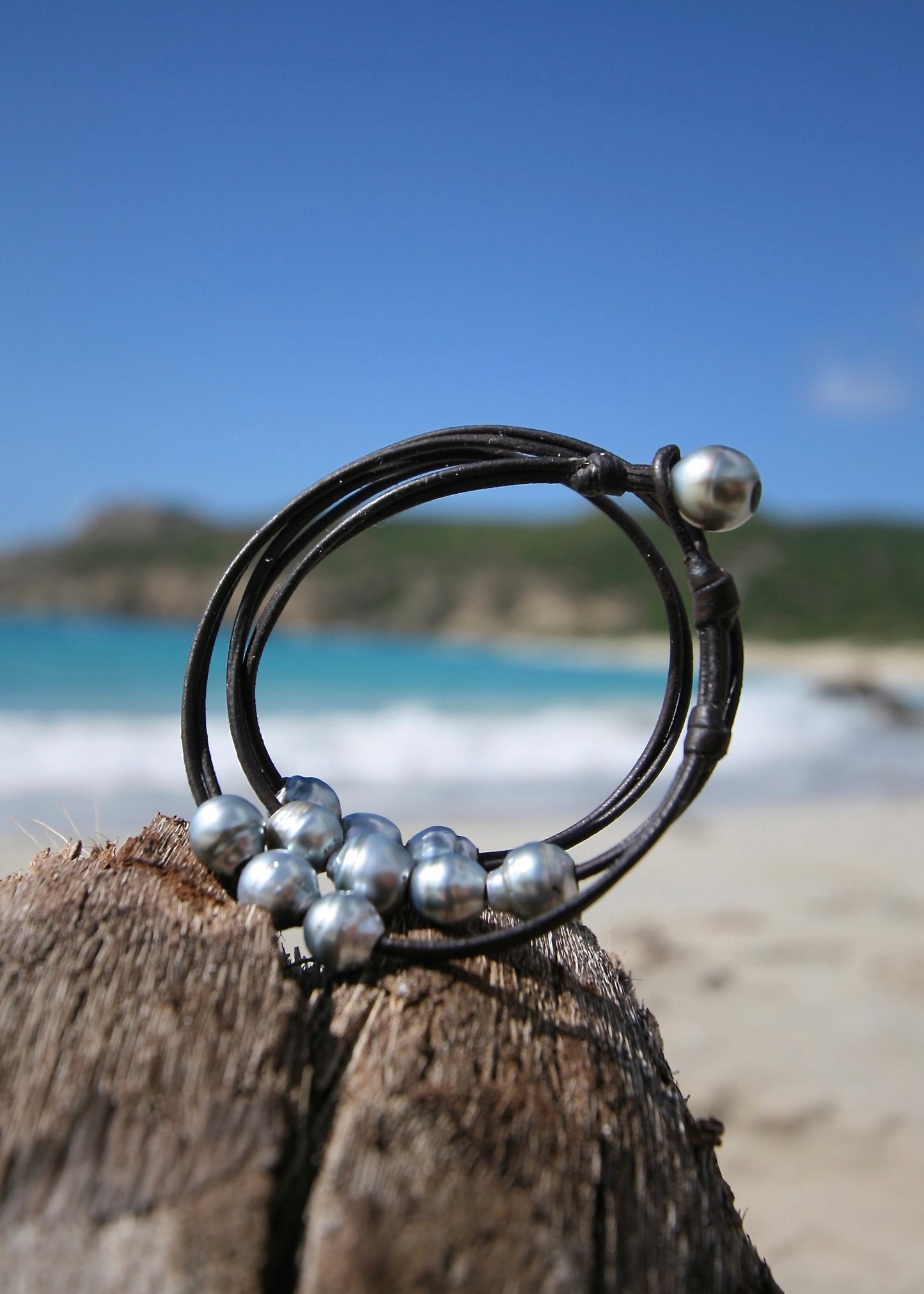 Tahitian silver pearl triple wrap bracelet on leather, St Barth driftwood