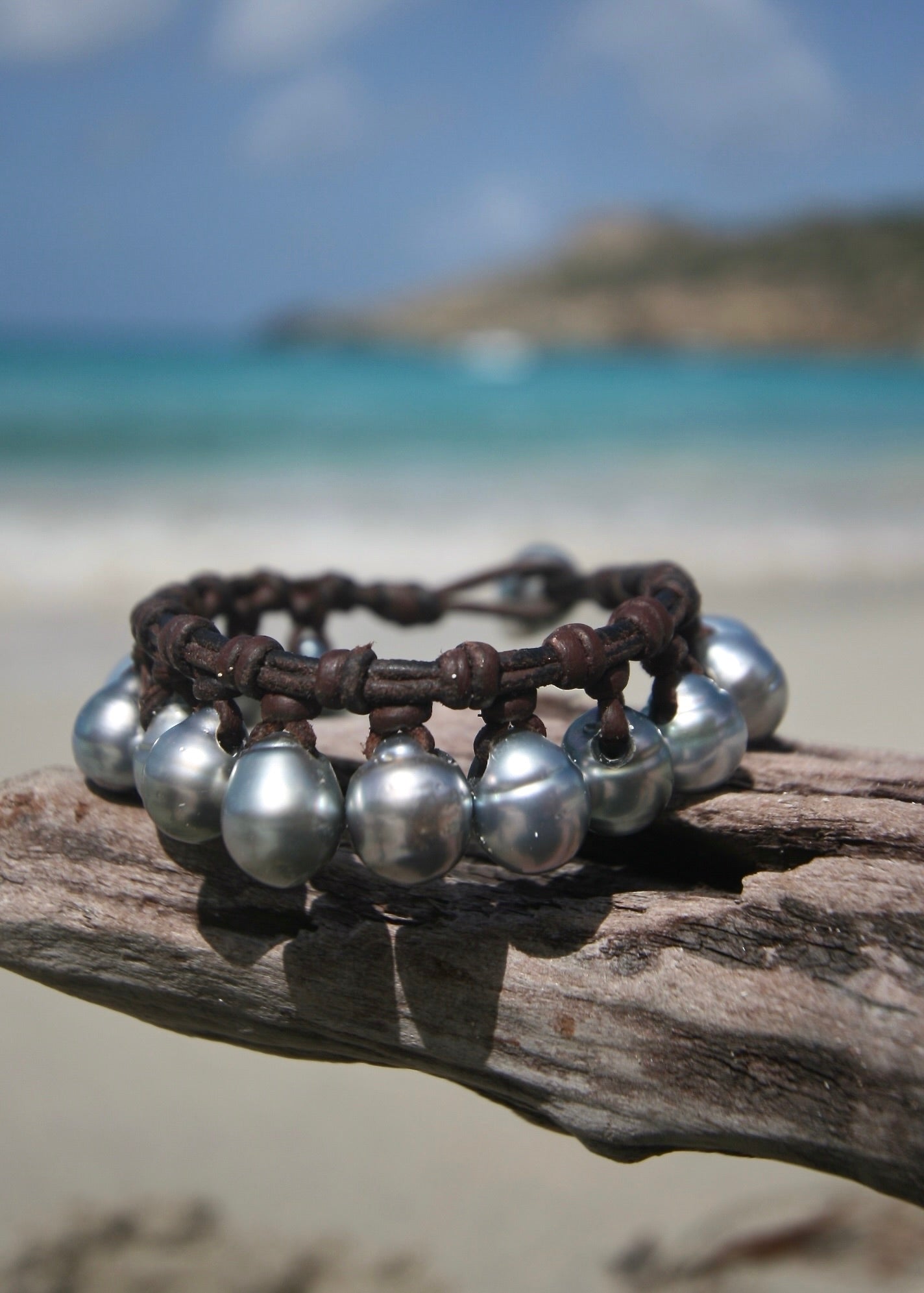 Tahitian silver pearl charm bracelet on leather cord, St Barth driftwood