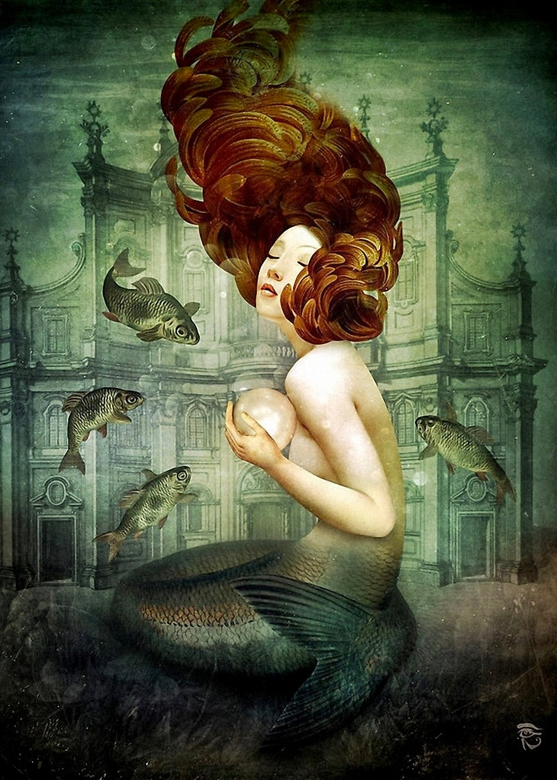 Illustrated mermaid holding a pearl, surrounded by fish and baroque architecture
