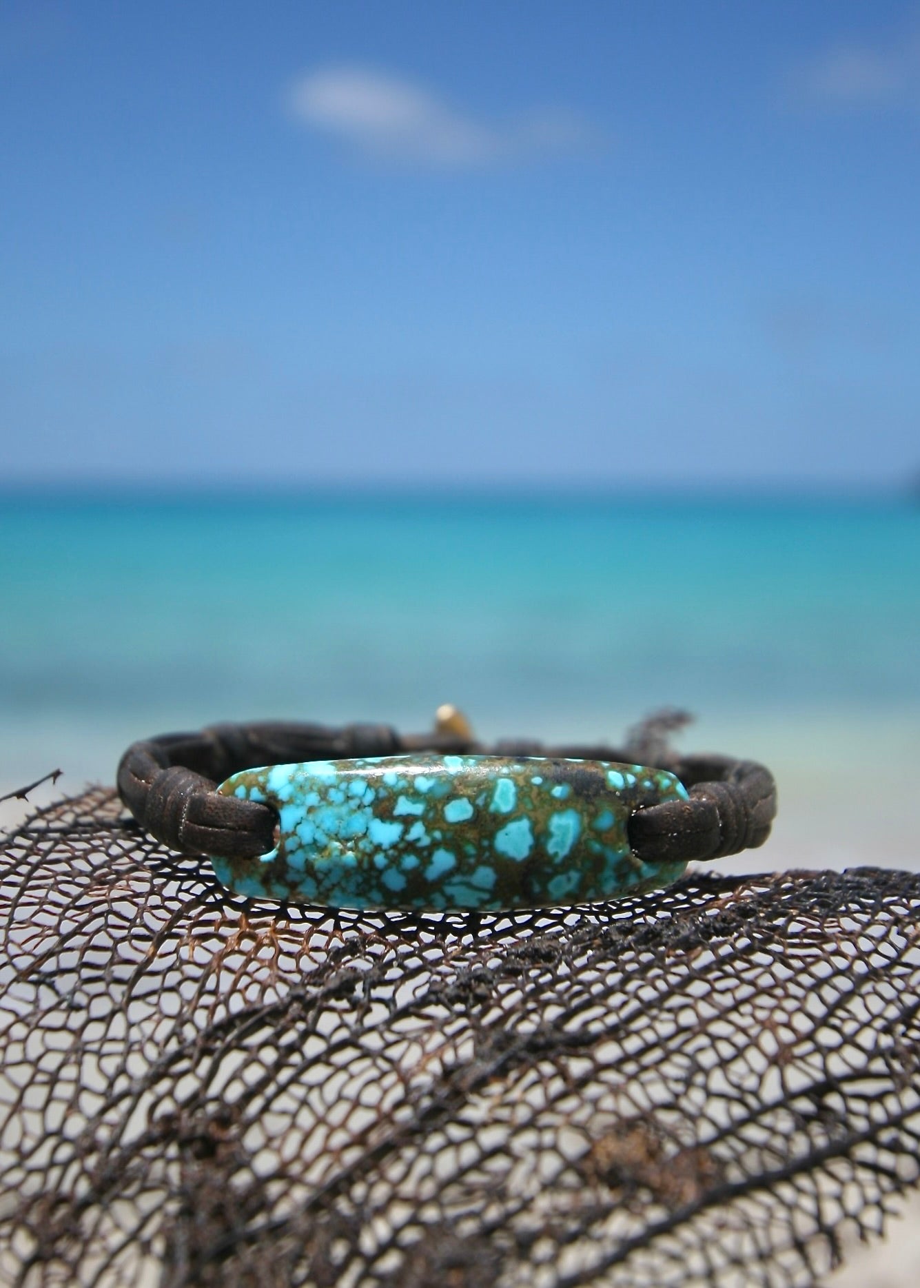 Nevada spiderweb turquoise bracelet on leather, St Barth beach fishing net