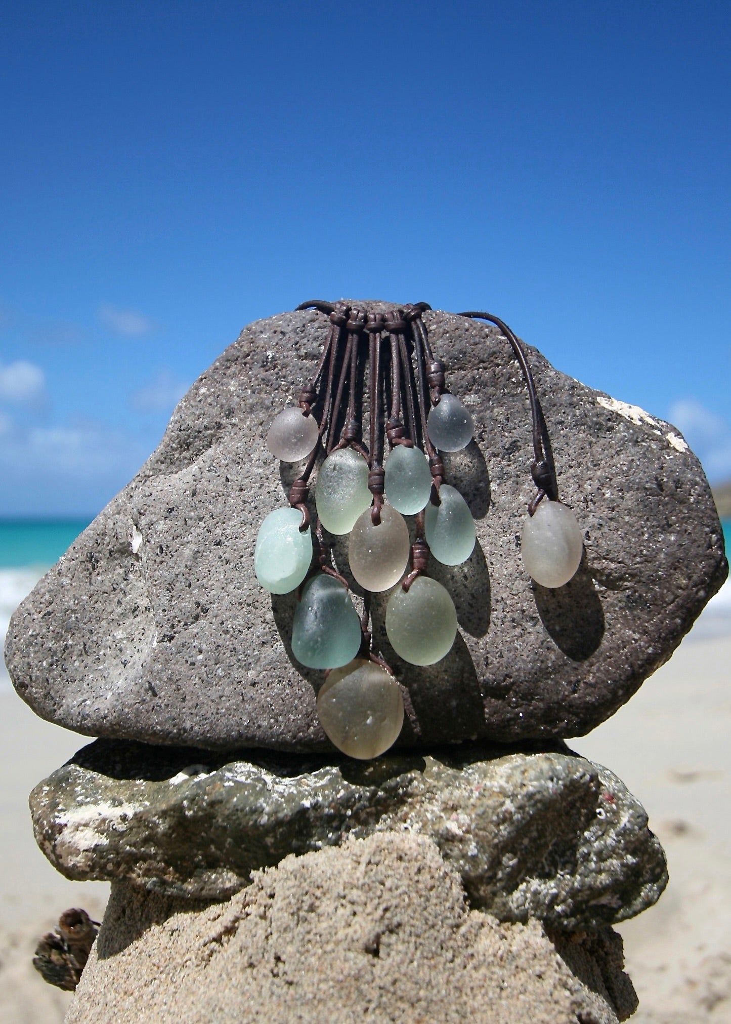 Victorian sea glass grape cluster necklace on leather cord, St Barth beach rock