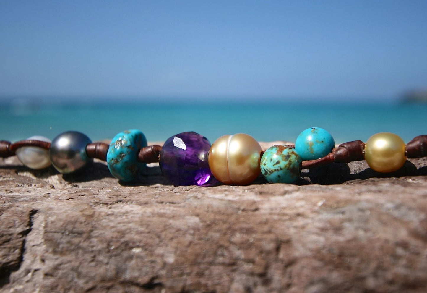 Beaded bracelet with amethyst, gold pearl and turquoise on leather cord, one of a kind jewelry St Barth