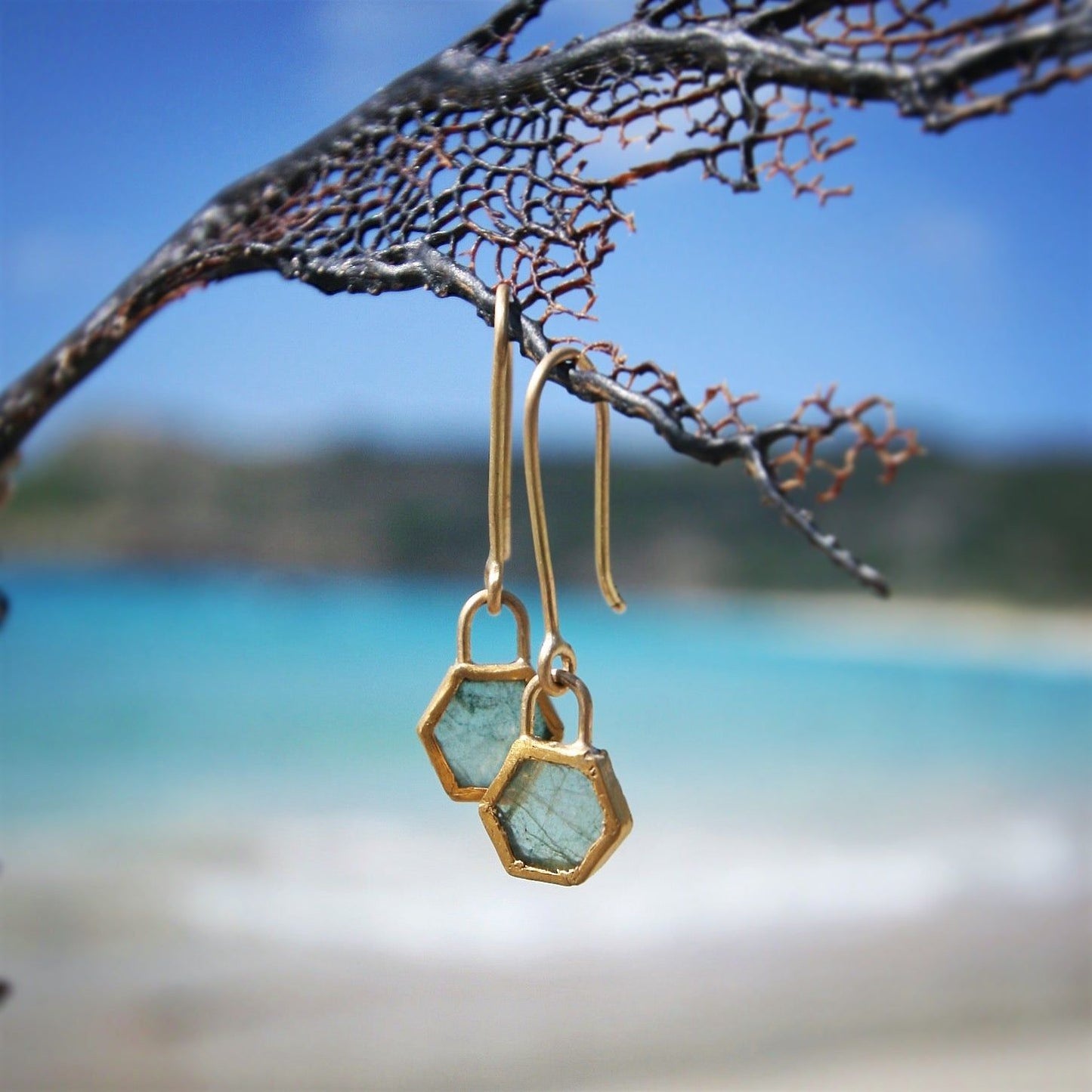 Gold hexagon drop earrings with aquamarine stone, one of a kind jewelry St Barth
