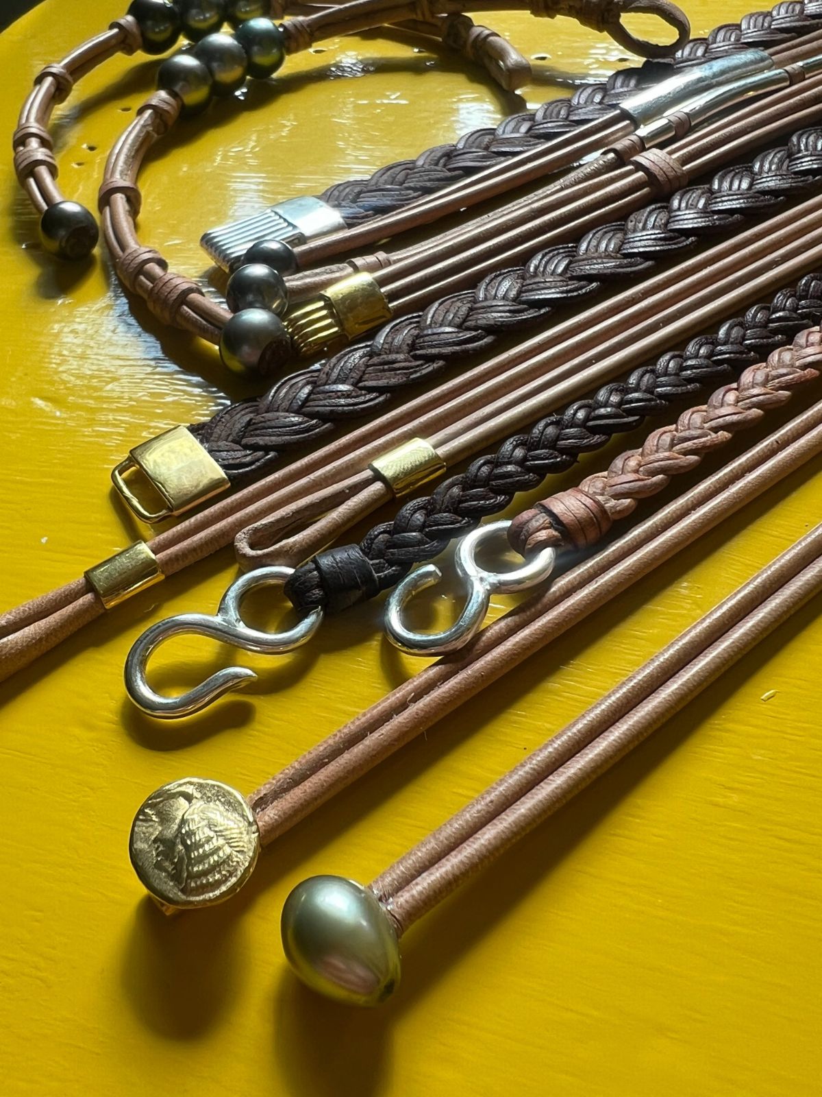 Braided leather bracelets with metal hook clasps and bead accents, one of a kind jewelry St Barth