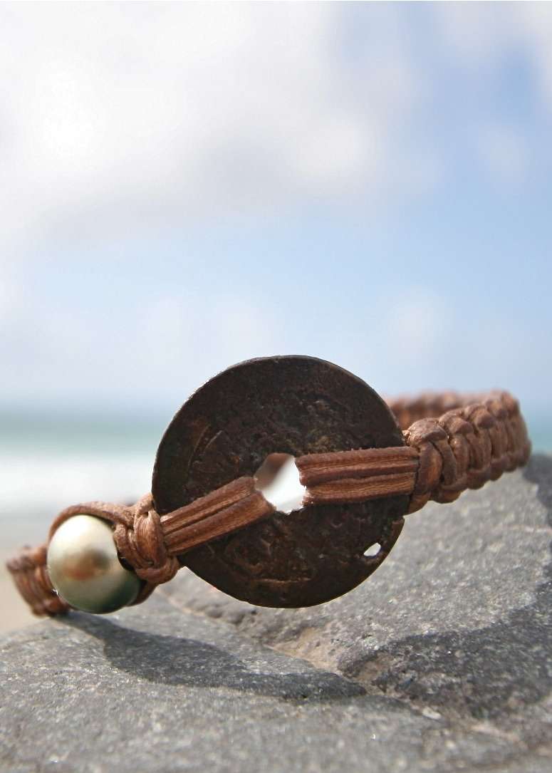 Ancient Japanese Coin Bracelet, Tahitian Pearl