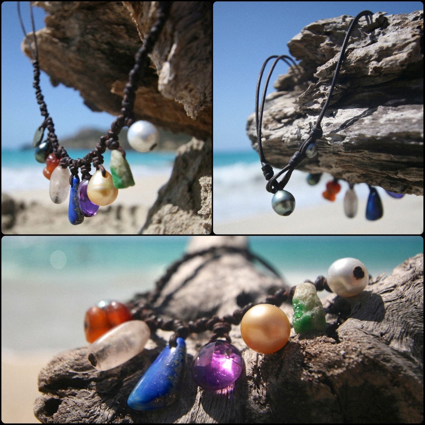 Layered gemstone pendant necklace with colorful glass beads on driftwood beach setting, one of a kind jewelry St Barth