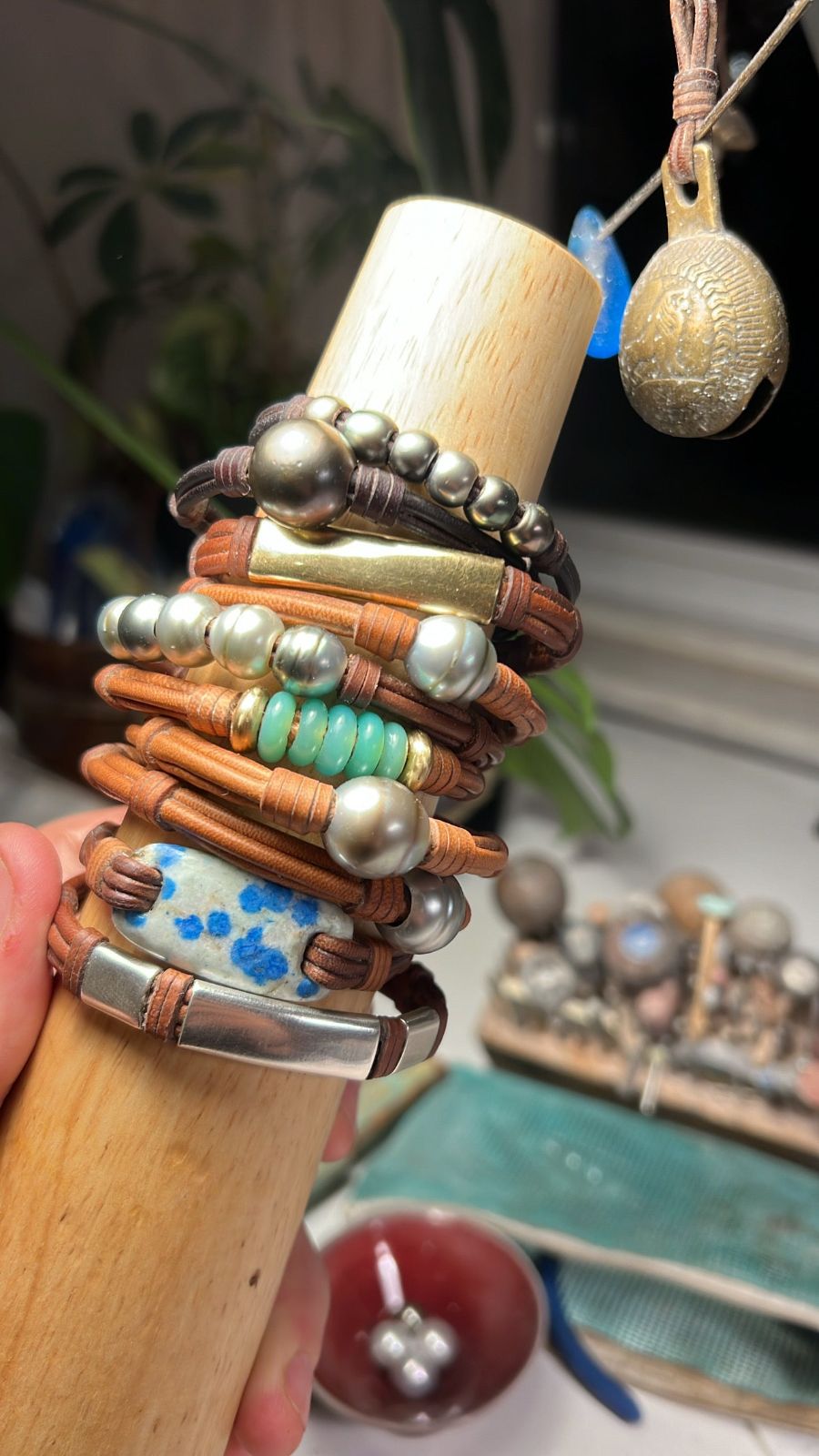 Stacked leather wrap bracelets with silver and gold beads and turquoise, one of a kind jewelry St Barth