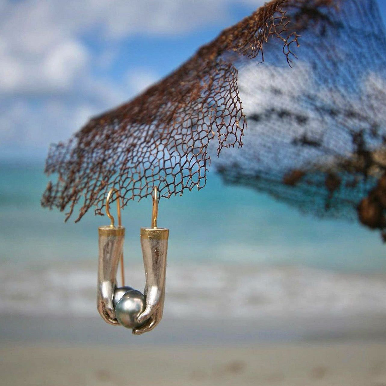Gold cap pearl drop earrings with grey pearl, one of a kind jewelry St Barth