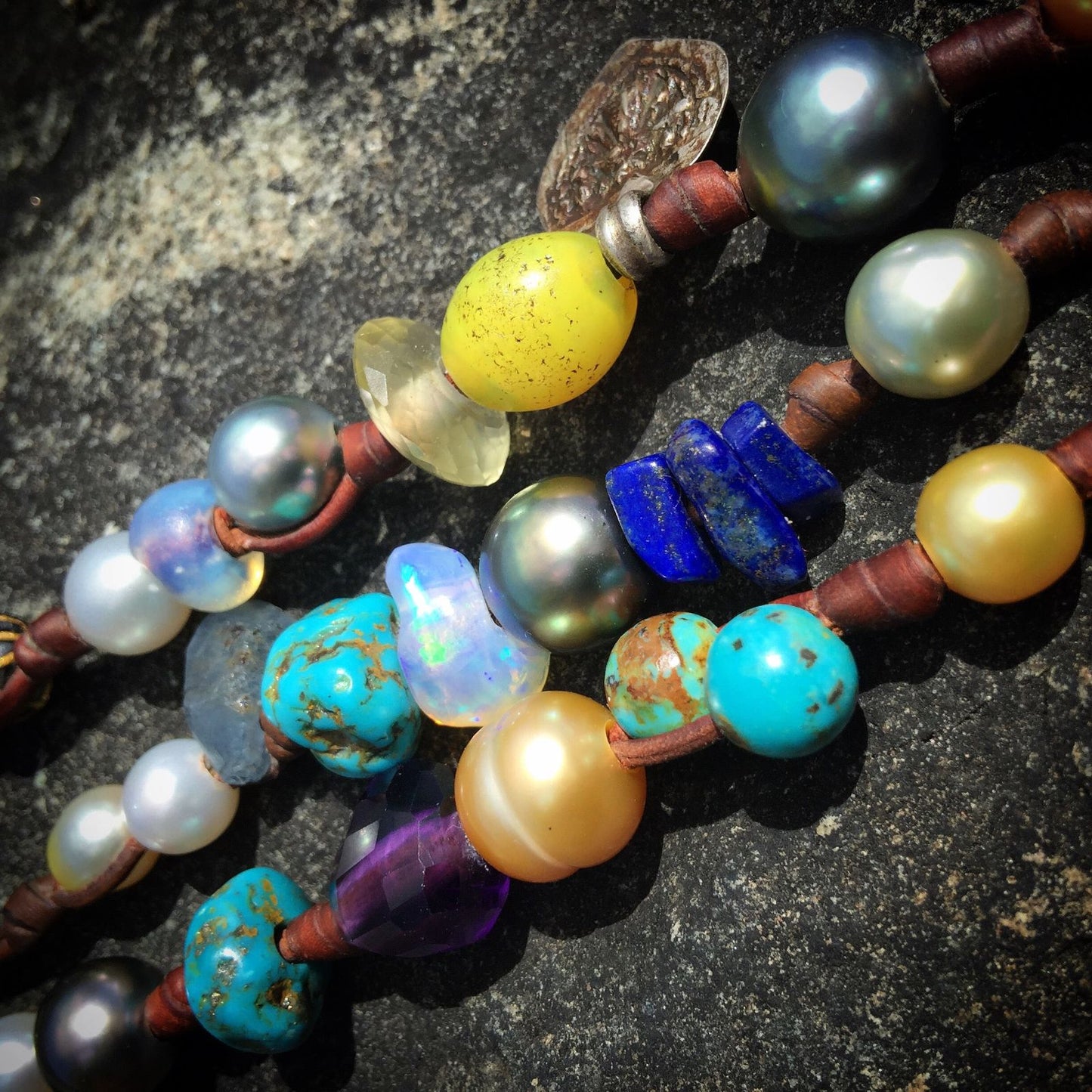 Pearl, gold, lapis lazuli and turquoise beaded necklace on leather cord, one of a kind jewelry St Barth