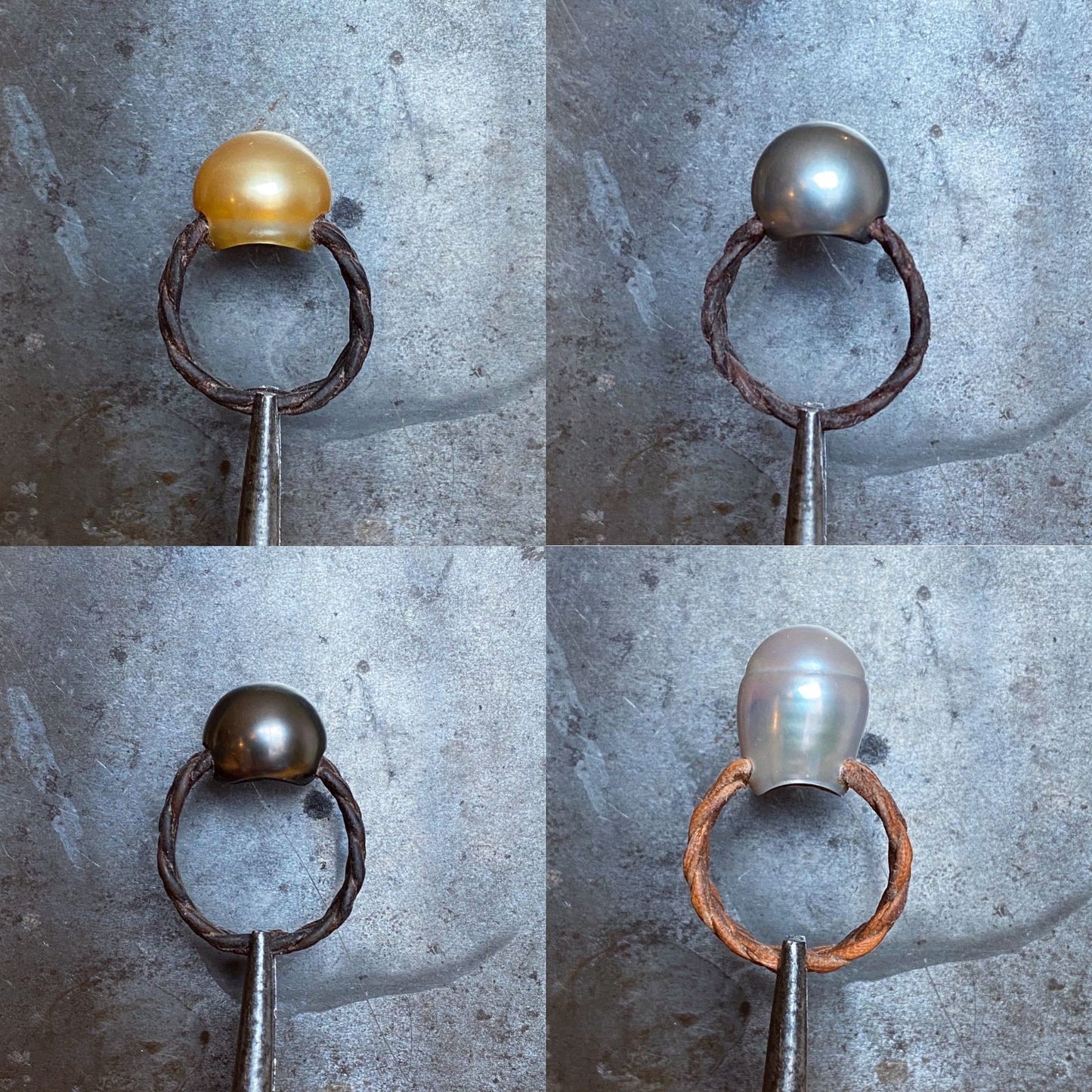 Collection of pearl rings in four colors on hammered metal bands, one of a kind jewelry St Barth