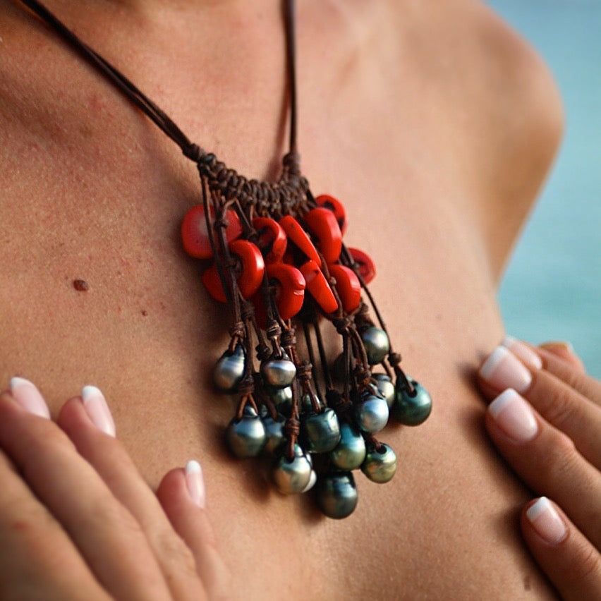 Red coral bead and Tahitian pearl fringe necklace on cord, one of a kind jewelry St Barth