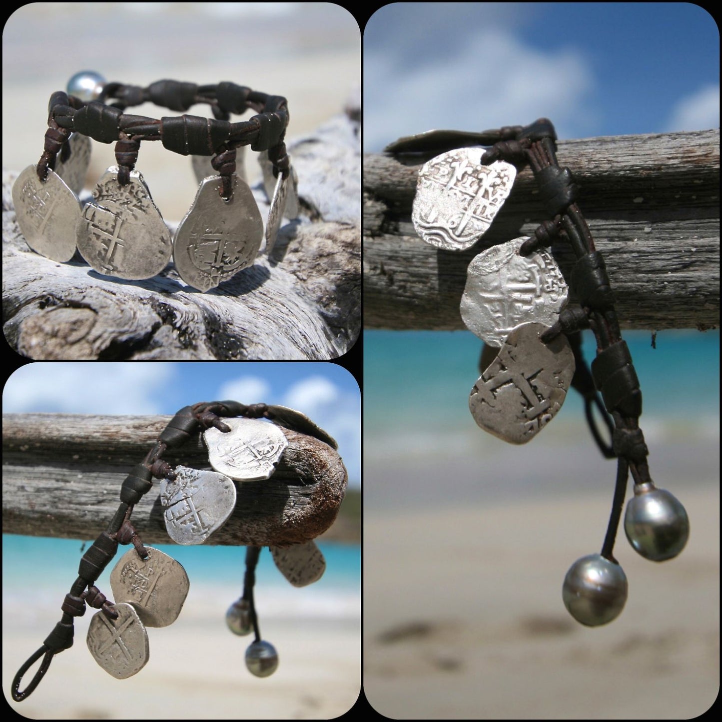 Braided leather bracelet with silver coin charms on driftwood at beach, one of a kind jewelry St Barth