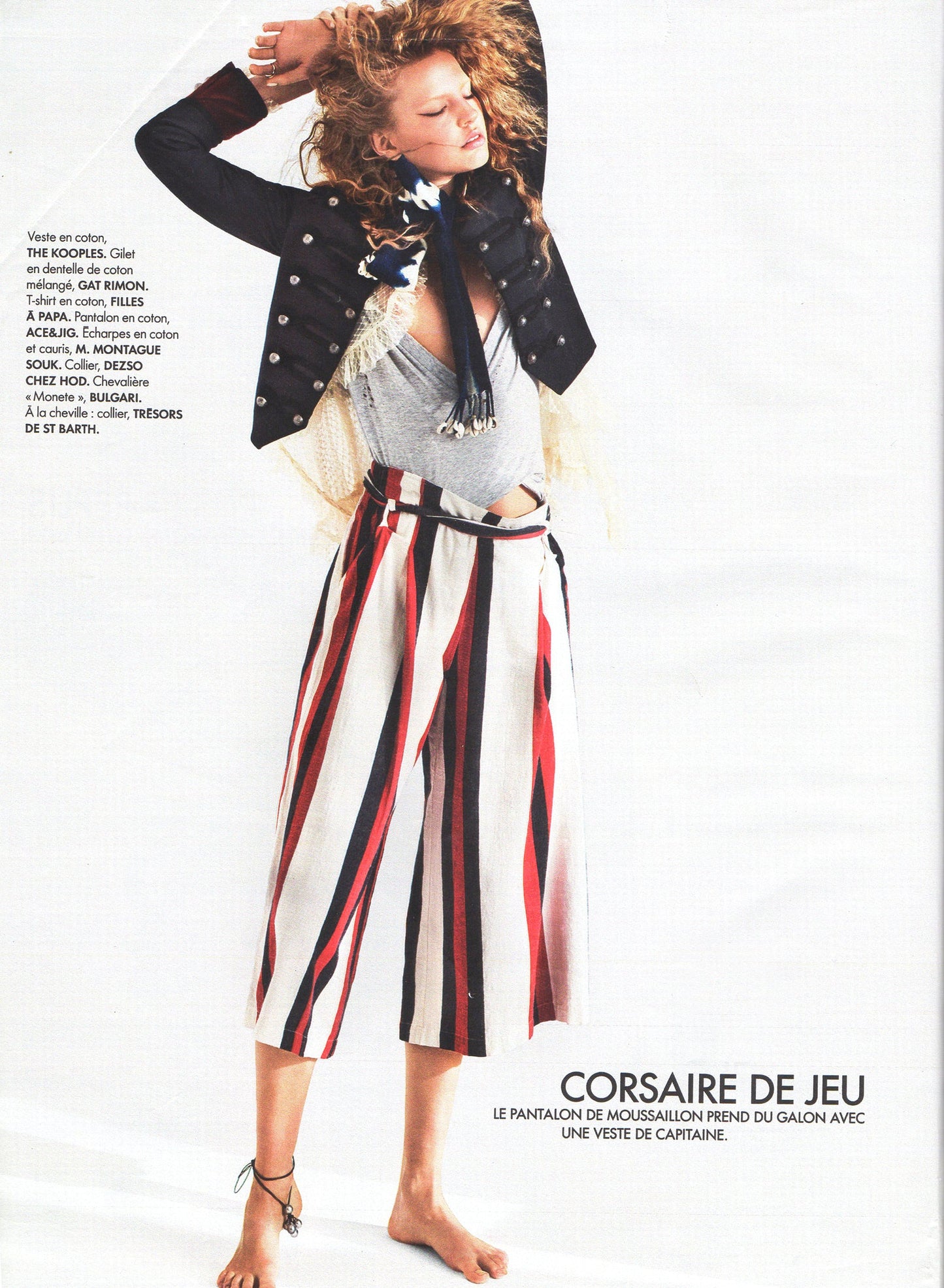 Elle magazine editorial feature: striped skirt and ankle jewelry styling with Trésors de St Barth pieces