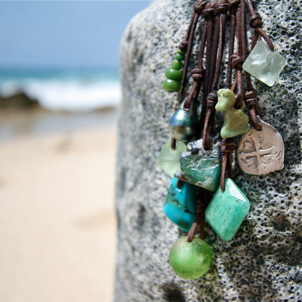 Turquoise and green gemstone charm bracelet on leather cord, one of a kind jewelry St Barth