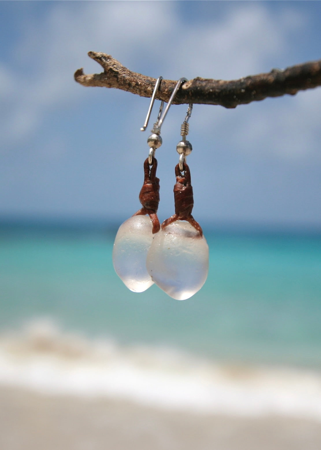 Victorian sea glass drop earrings on leather cord, St Barth beach