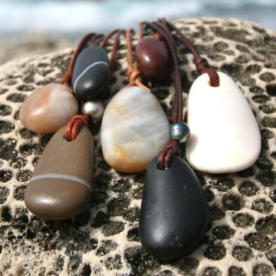 Peeble, river stone, surf stone on leather with Tahitian black pearl, boho, leather jewelry, beach jewerly, St Barth Signature