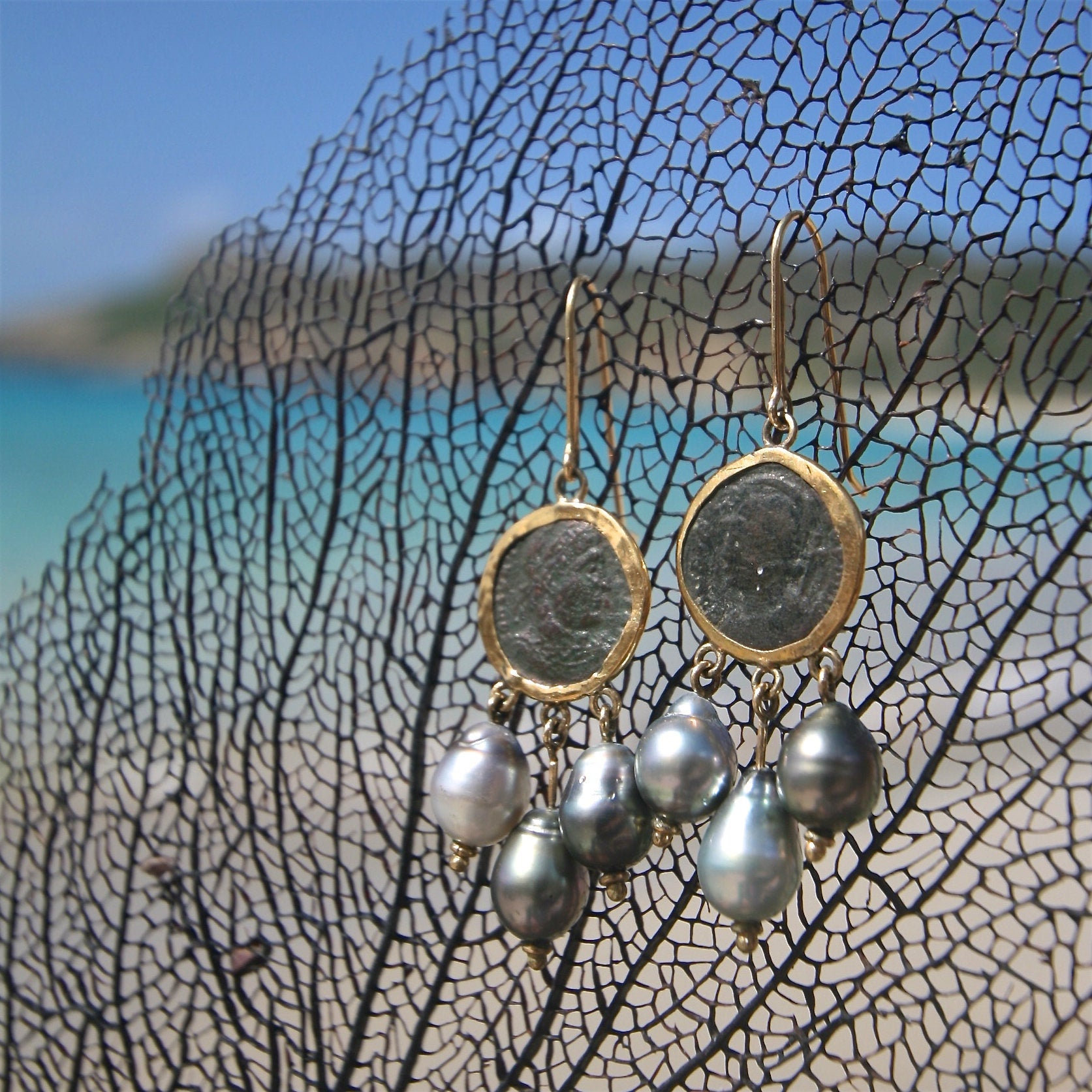 24k Gold earrings with antique Roman coins and Tahitian pearls pendant, 24k bezel and 18k gold hooks, Saint Barthelemy, antique gold jewelry