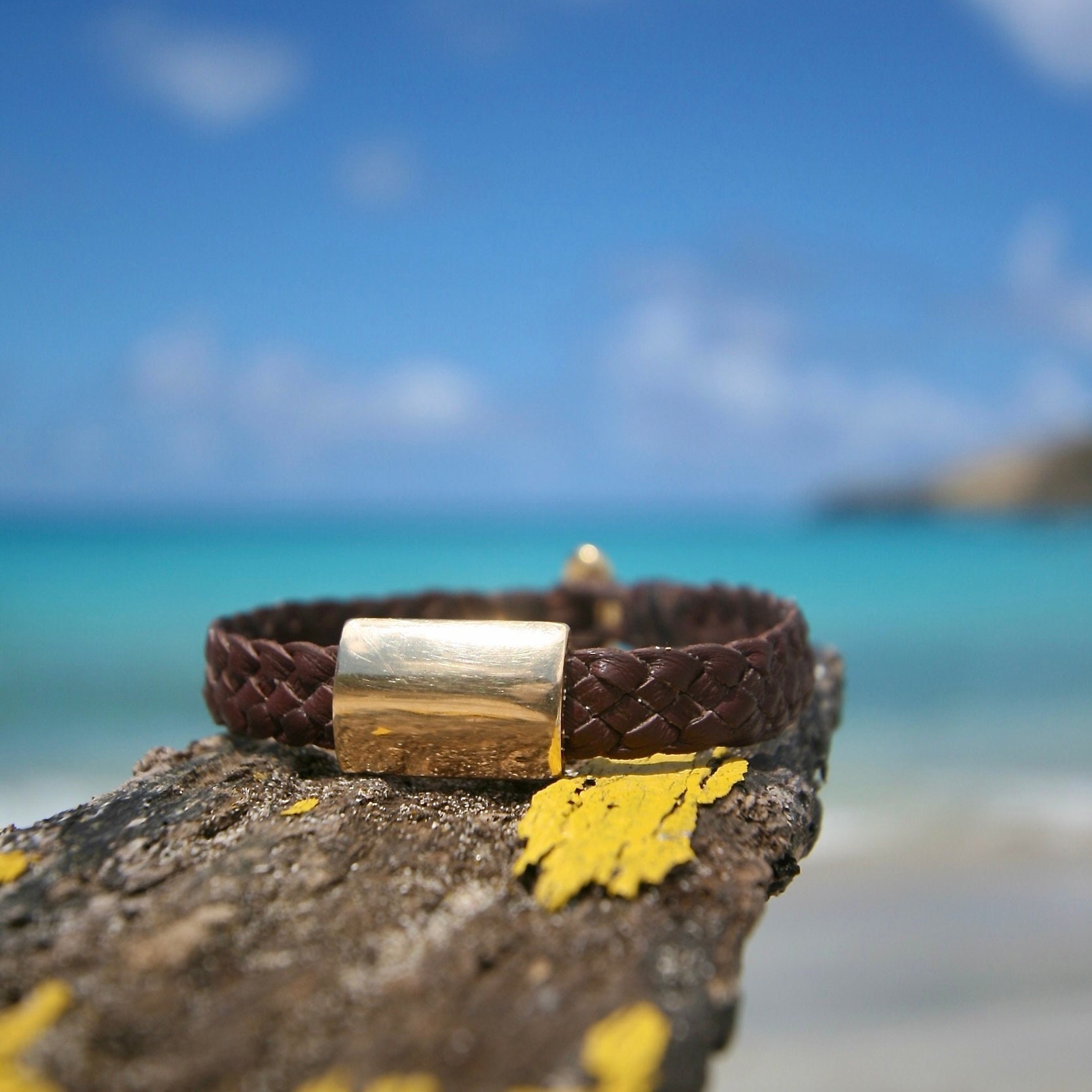 Gold and leather unisex bracelet made in St Barth Island, solid 18K plain gold mounted on leather, handcrafted jewelry From Saint Barthelemy